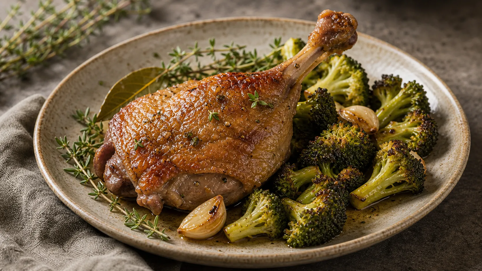 Keto Entenkeule Confit mit knuspriger Haut und gebratenem Brokkoli auf einem Teller