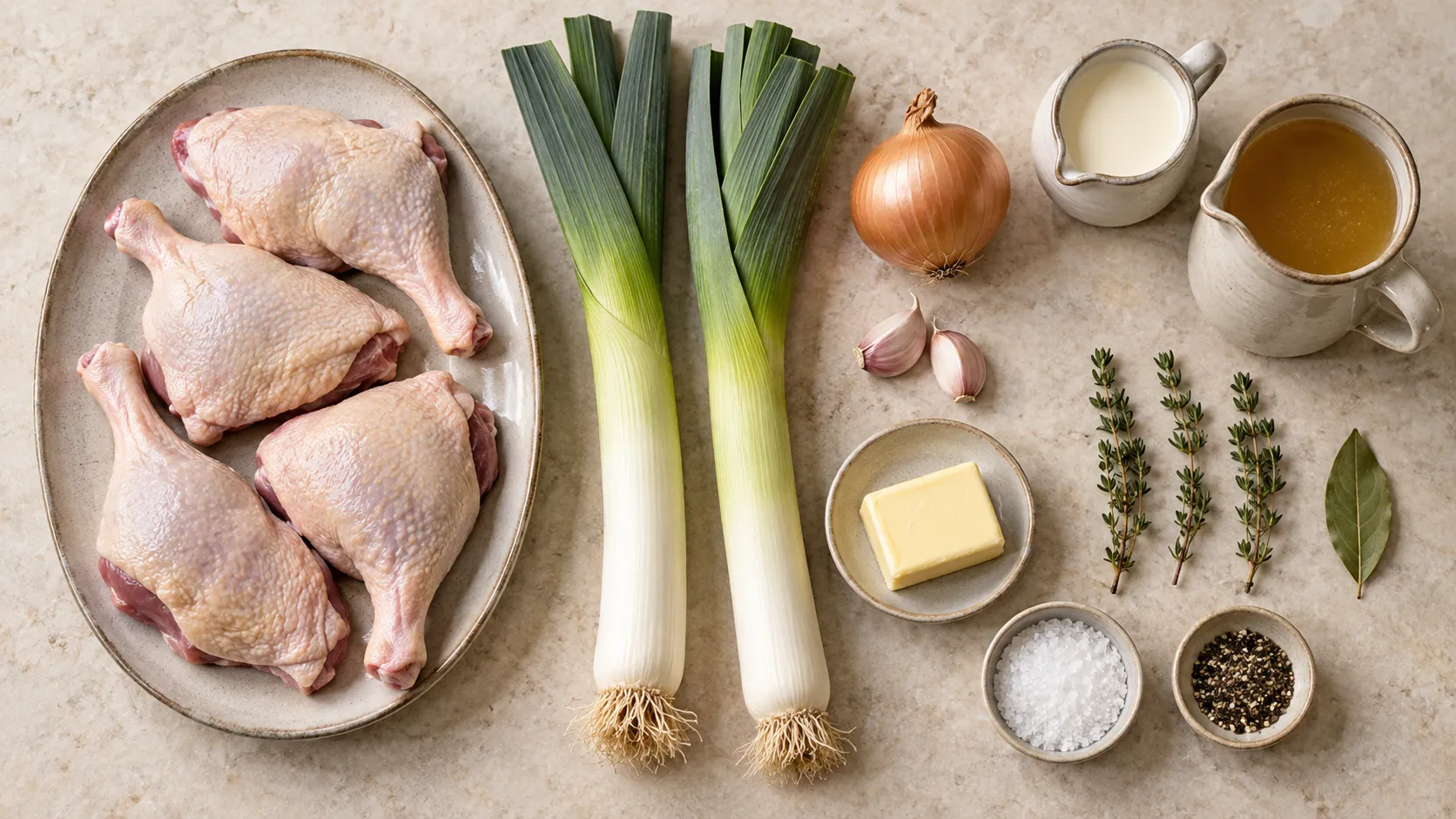 Zutaten für Keto-Entenkeulen: vier rohe Entenkeulen, zwei Stangen Lauch, Zwiebel, Knoblauchzehen, Butter, Sahne, Geflügelfond, Thymian und ein Lorbeerblatt