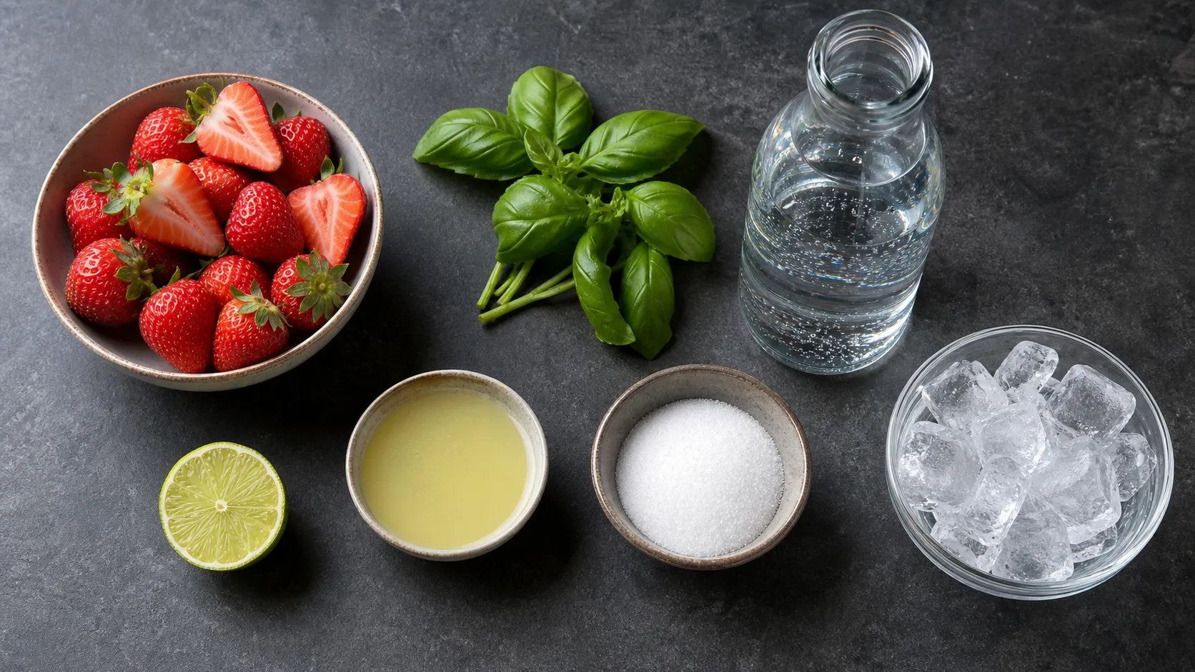 Zutaten für Keto-Erdbeer-Basilikum-Limonade: frische Erdbeeren, Basilikum, Limette, Erythrit und Sprudelwasser