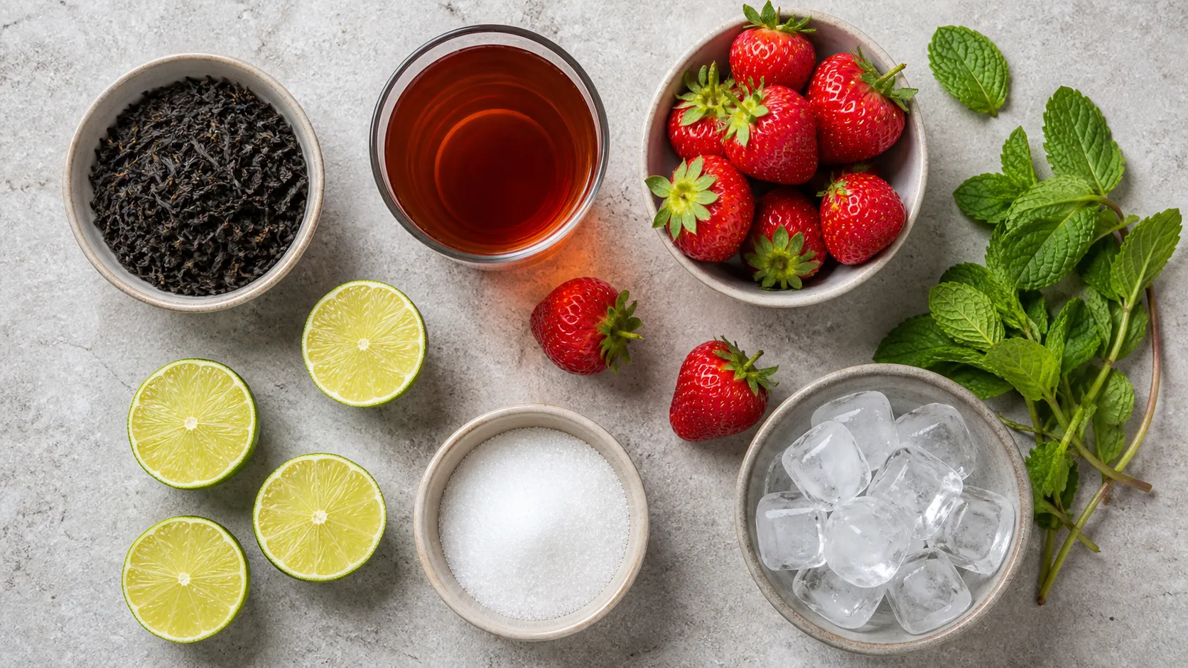 Zutaten für Keto-Erdbeer-Limetten-Eistee: schwarzer Tee, Erdbeeren, Limetten, Erythrit und Minze