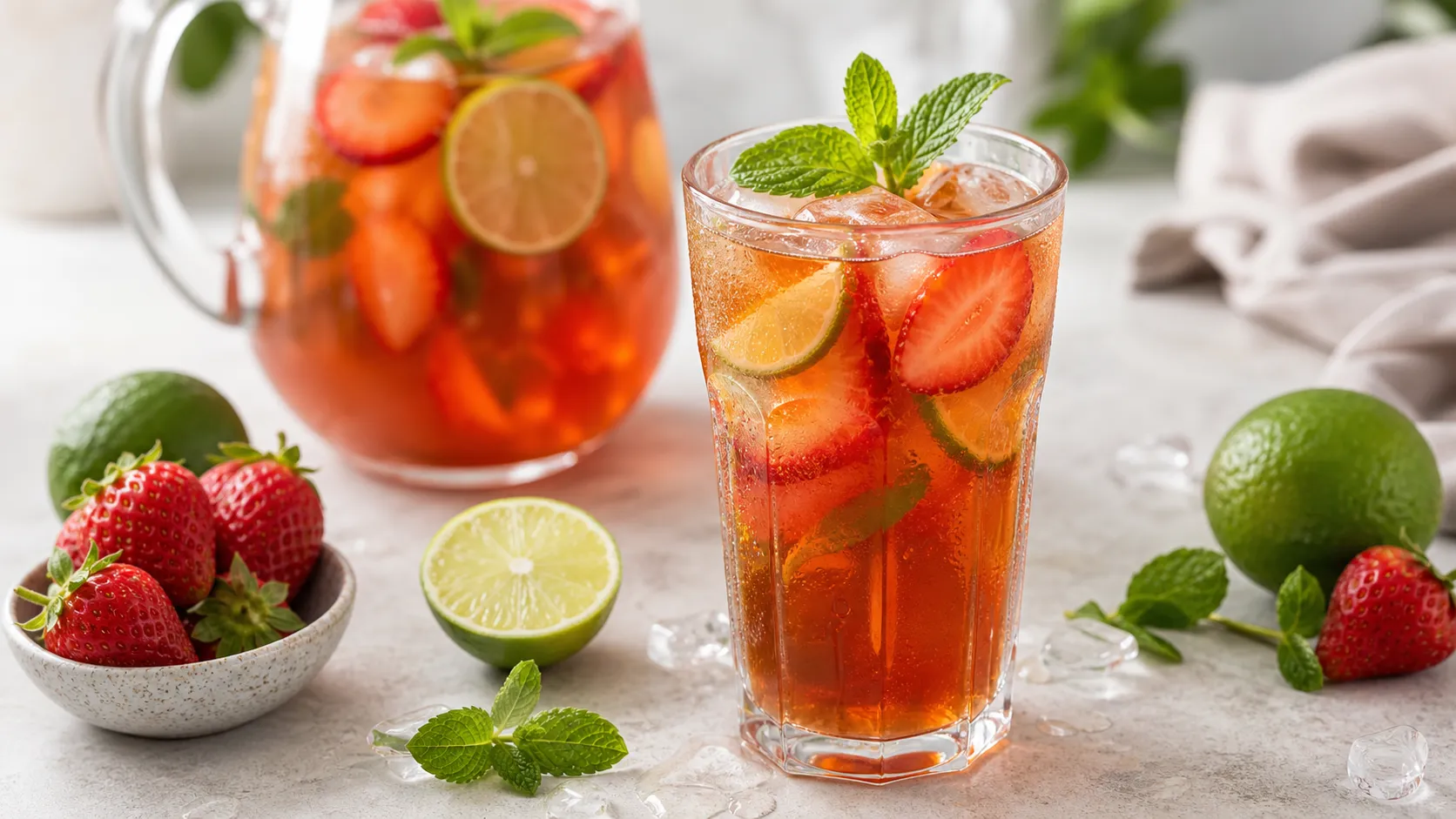 Glas Keto-Erdbeer-Limetten-Eistee mit Eiswürfeln, Erdbeerscheiben, Limette und frischer Minze