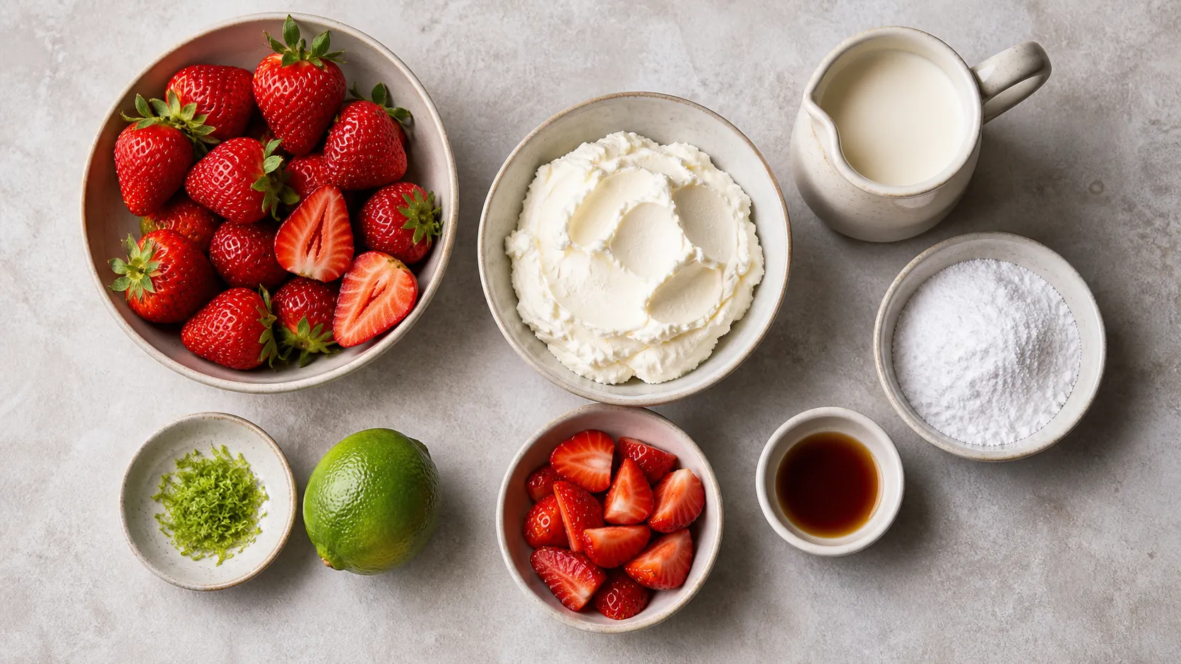 Zutaten für Keto Erdbeer-Mascarpone-Creme mit Mascarpone, Sahne, Erdbeeren, Erythrit, Vanille und Limette