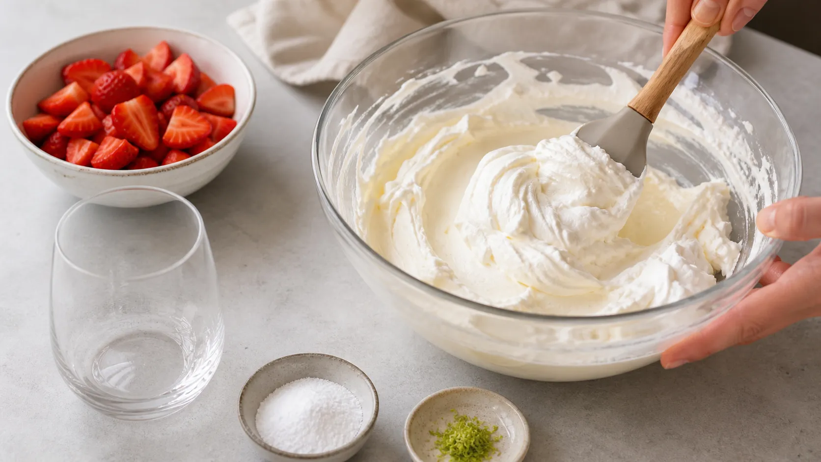 Mascarponecreme wird mit geschlagener Sahne für Keto Erdbeer-Mascarpone-Creme untergehoben