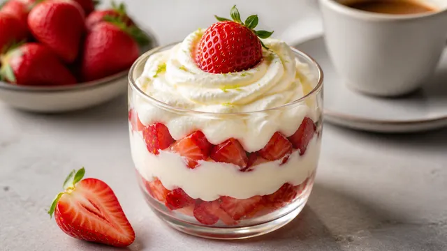 Keto Erdbeer-Mascarpone-Creme im Glas mit frischen Erdbeeren und Limettenzeste