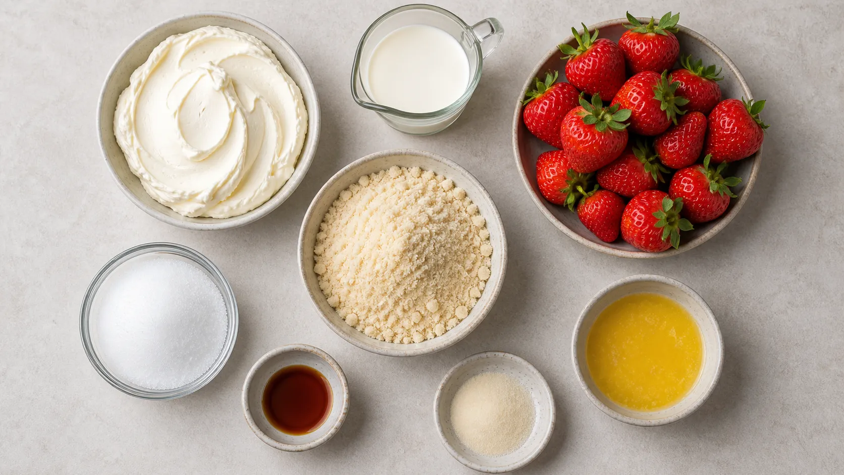 Zutaten für Keto Erdbeer-Mascarpone-Torte: Mascarpone, Sahne, Erdbeeren, Mandelmehl