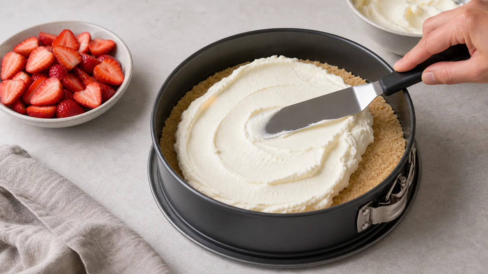 Mascarpone-Sahne-Creme wird auf den vorbereiteten Mandelmehlboden gestrichen