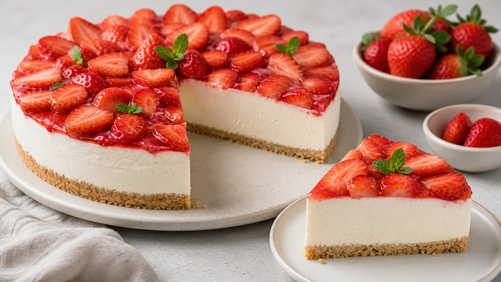 Keto Erdbeer-Mascarpone-Torte ohne Backen mit frischen Erdbeeren auf cremiger Schicht