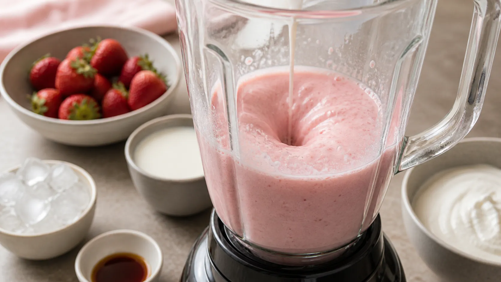 Alle Zutaten werden im Mixer zu einem cremigen Schoko-Erdnussbutter-Shake püriert