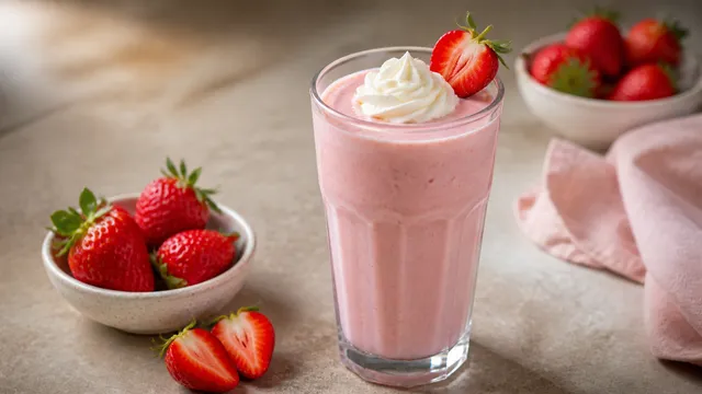 Keto Erdbeer-Milchshake ohne Zucker fertig angerichtet als ketogenes Rezept