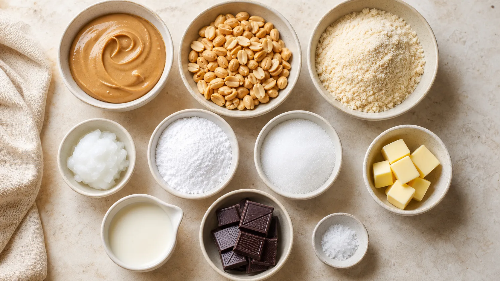Zutaten für Keto Erdnuss-Riegel: Erdnussbutter, Erdnüsse, Mandelmehl, Kokosöl, Allulose, Sahne und Schokolade