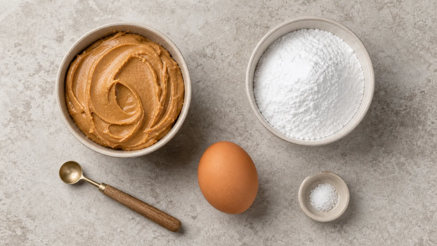 Zutaten für Keto Erdnussbutter-Cookies mit Erdnussbutter, Erythrit, Ei und Salz