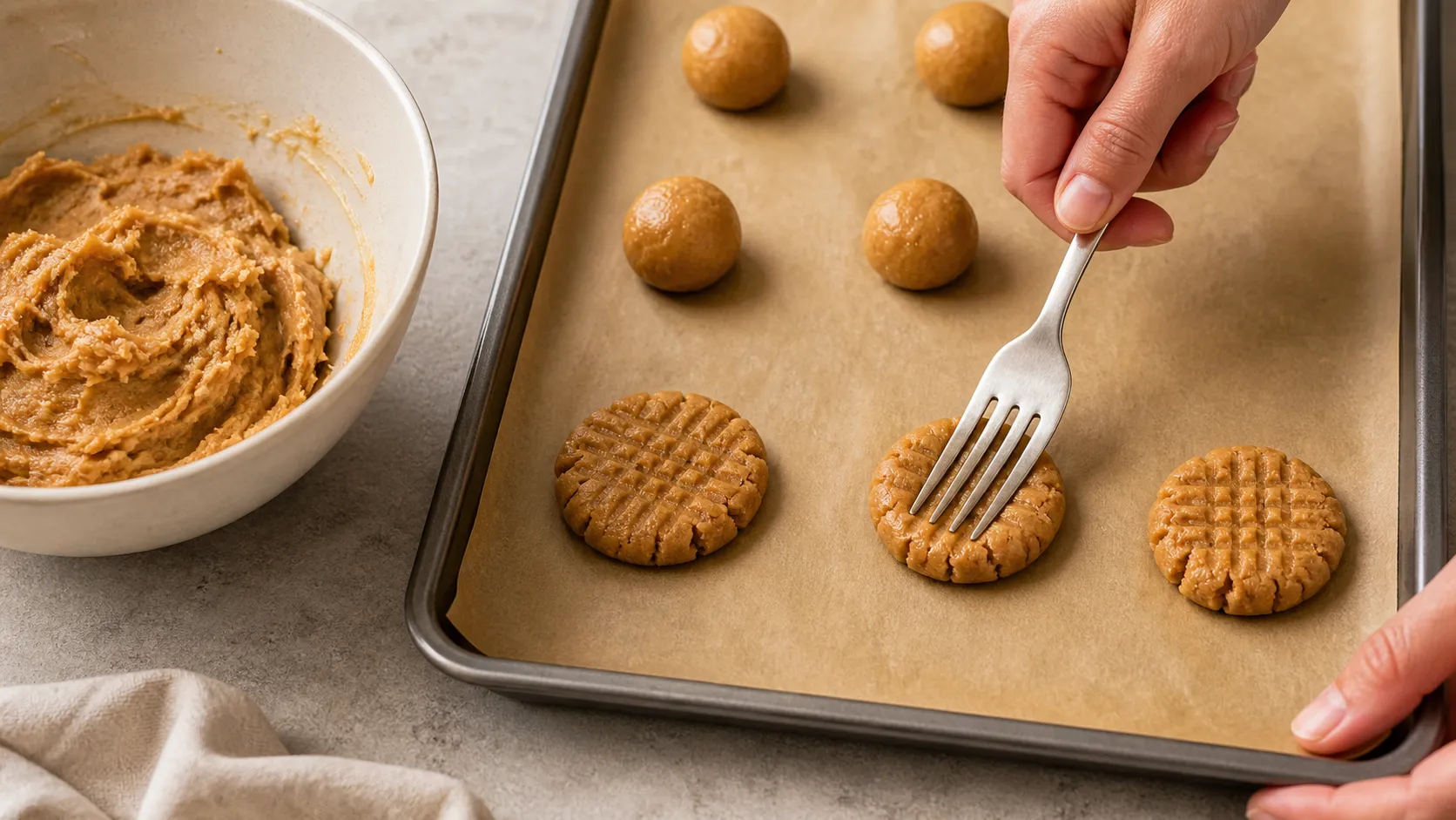 Erdnussbutter-Cookie-Teig wird mit einer Gabel zum Kreuzmuster gedrückt