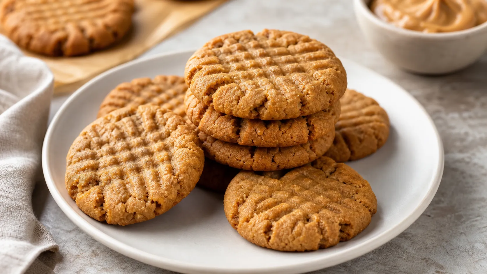 Keto Erdnussbutter-Cookies mit Gabelmuster auf einem Teller