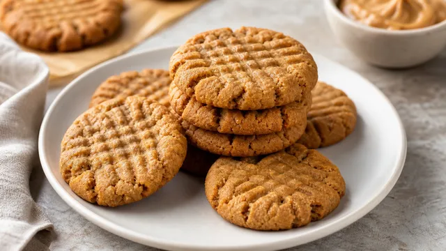Keto Erdnussbutter-Cookies mit Gabelmuster auf einem Teller