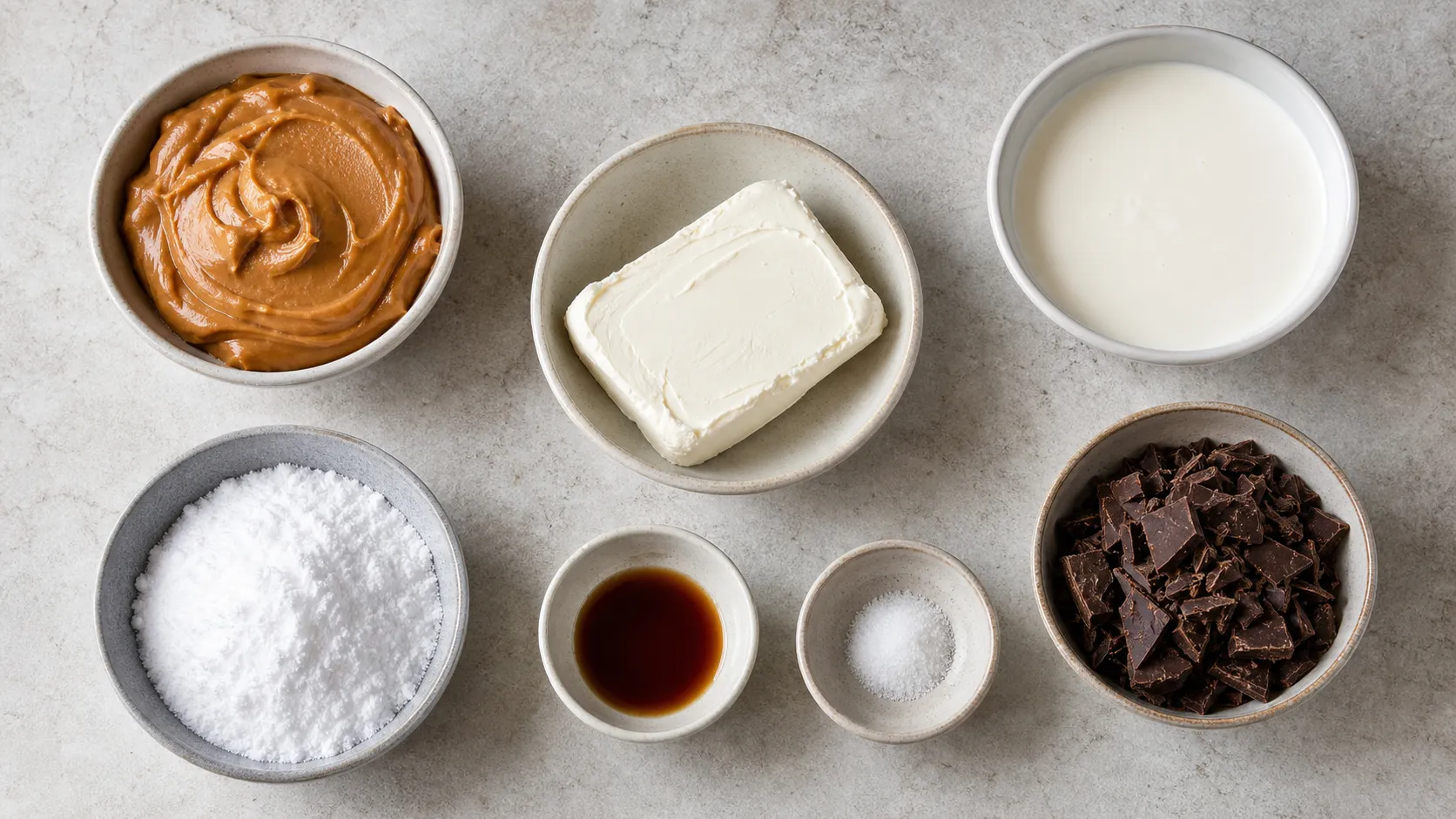Zutaten für Keto-Erdnussbutter-Mousse: Erdnussbutter, Frischkäse, Sahne, Erythrit und zuckerfreie Schokolade
