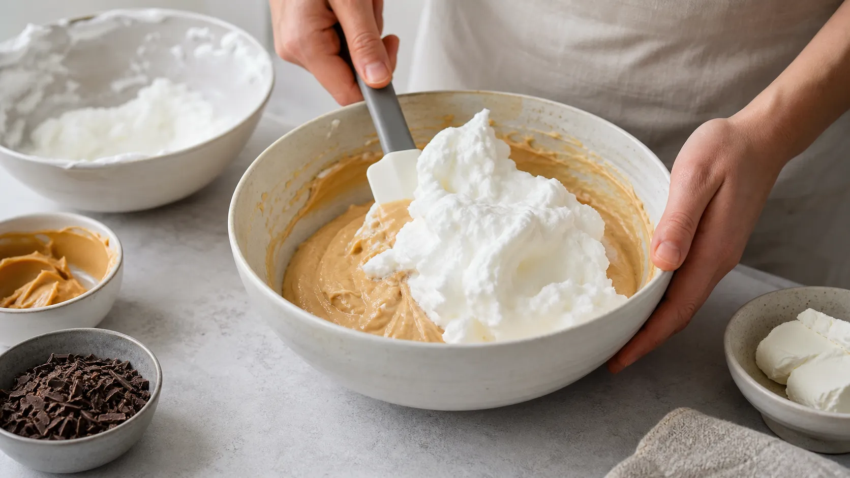 Geschlagene Sahne wird mit einem Teigschaber unter die Erdnussbutter-Frischkäse-Creme gehoben