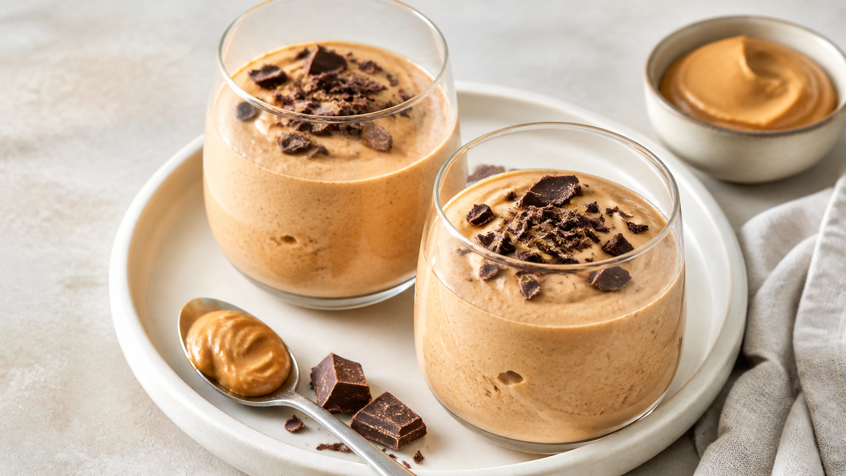 Luftige Erdnussbutter-Mousse in Gläsern, bestreut mit dunklen zuckerfreien Schokosplittern