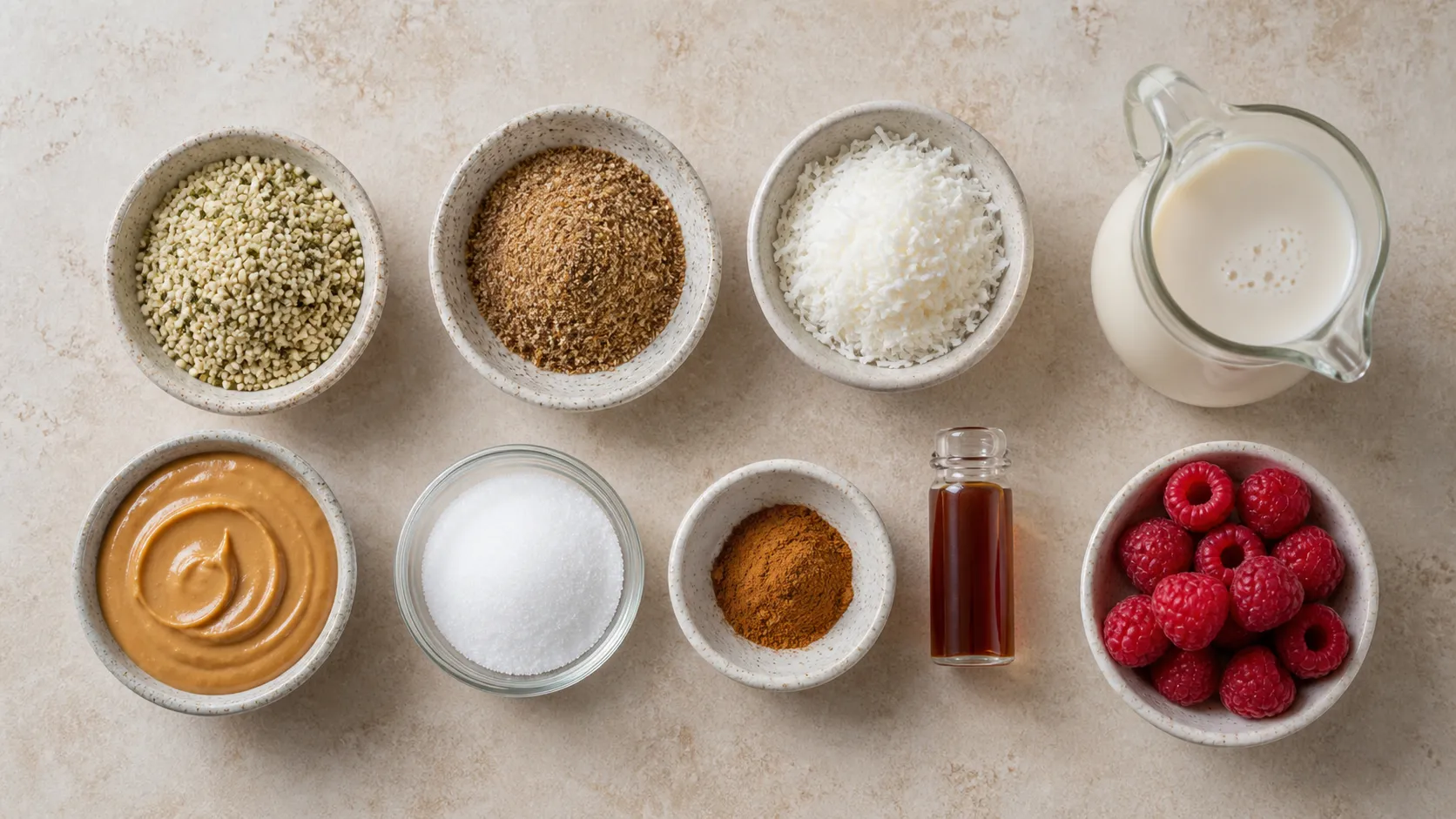 Zutaten für veganes Keto-Porridge: Hanfsamen, gemahlene Leinsamen, Erdnussmus, Kokosraspel, Mandelmilch und Himbeeren