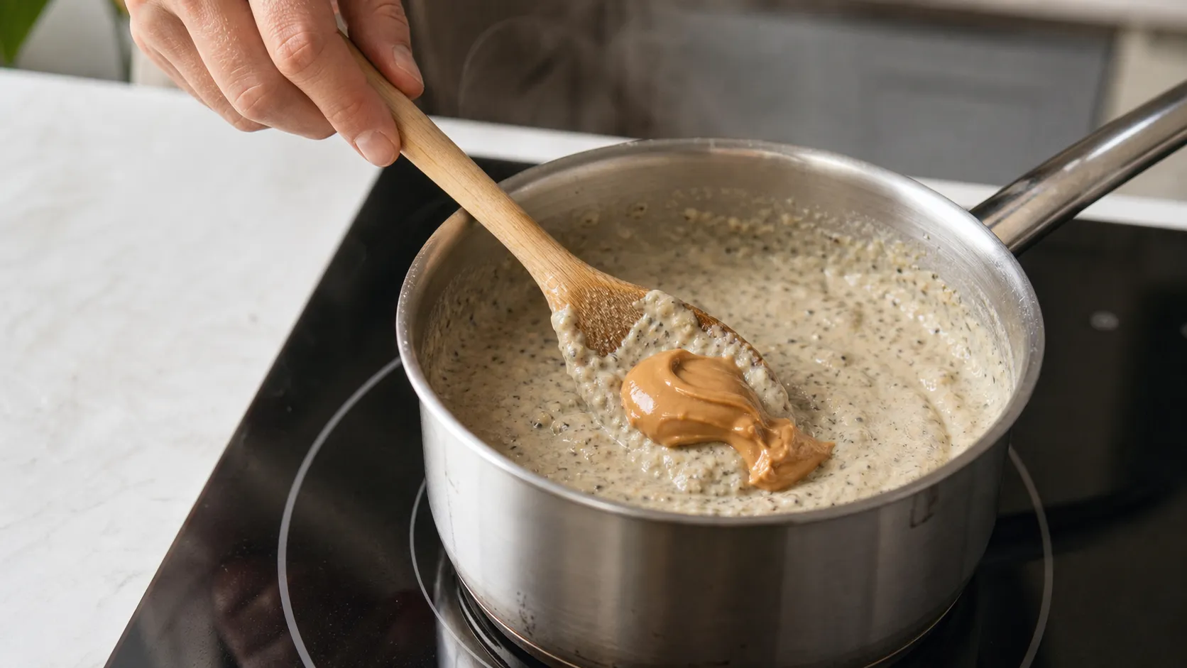 Keto-Porridge köchelt im Topf und wird cremig gerührt, während Erdnussmus untergehoben wird