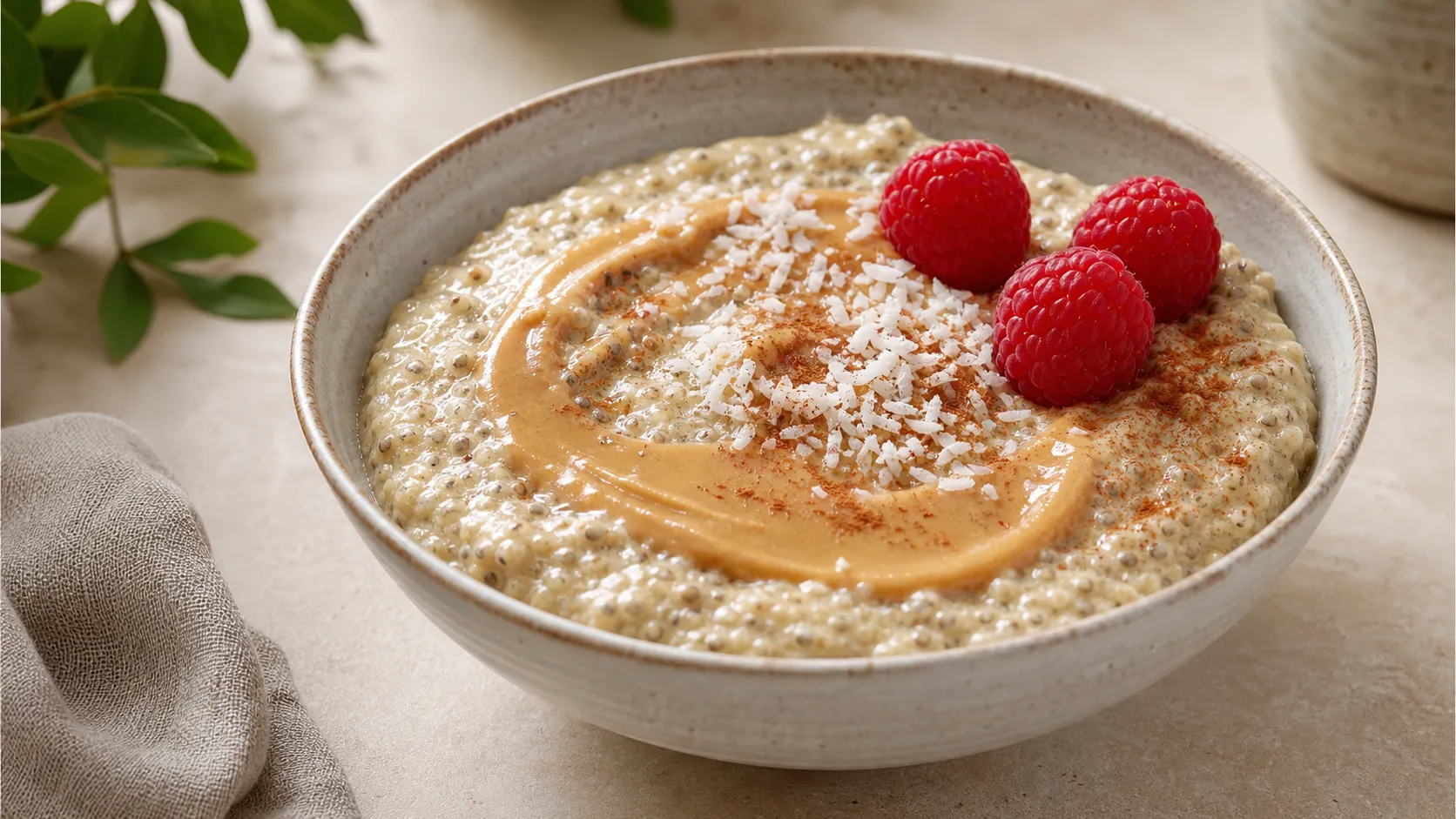 Warmes veganes Keto-Erdnussbutter-Porridge mit Hanfsamen, Kokosraspeln und frischen Himbeeren in einer Schale