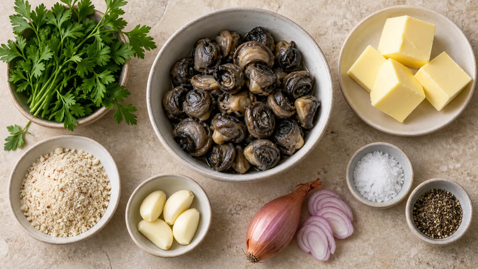 Zutaten für Keto-Escargots: Weinbergschnecken aus der Dose, weiche Butter, Knoblauchzehen, glatte Petersilie, eine Schalotte, gemahlene Mandeln und Pfeffer