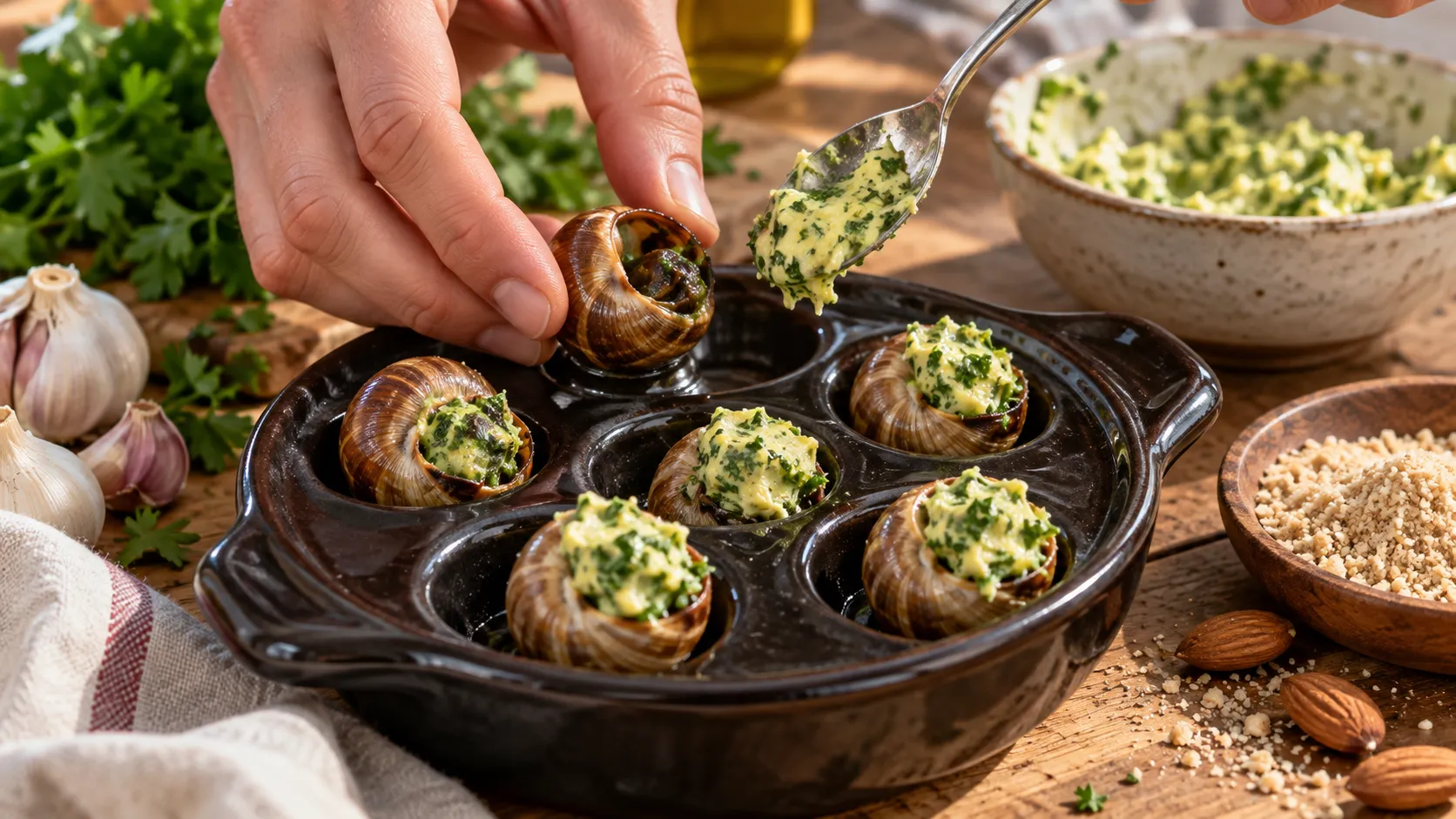 Grüne Kräuterbutter wird mit einem Löffel über abgetropfte Weinbergschnecken in einer Auflaufform verteilt