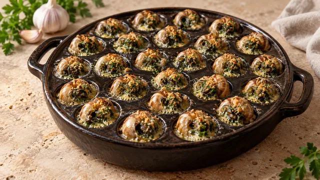 Sechs Mulden einer Schneckenpfanne mit goldbraun gratinierten Weinbergschnecken in blubbernder grüner Kräuterbutter