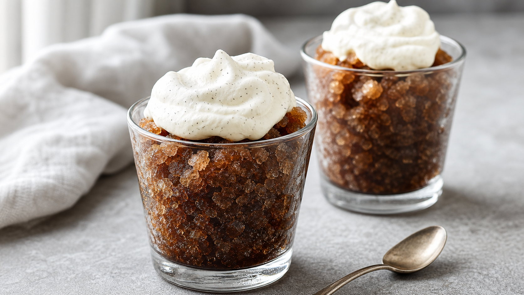 Dunkle Espresso-Granita mit Kaffee-Eiskristallen und einer Haube Vanillesahne in einem Glas