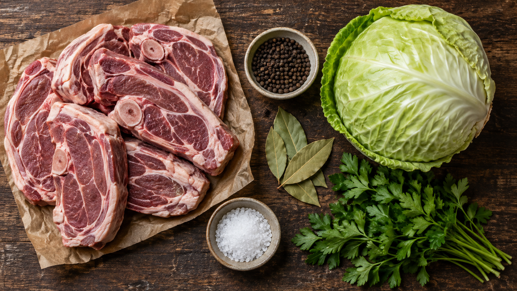Zutaten für Keto Fårikål: in Scheiben geschnittene Lammschulter mit Knochen, ein großer Weißkohlkopf, ganze schwarze Pfefferkörner, Lorbeerblätter, grobes Salz und glatte Petersilie auf einem Holztisch