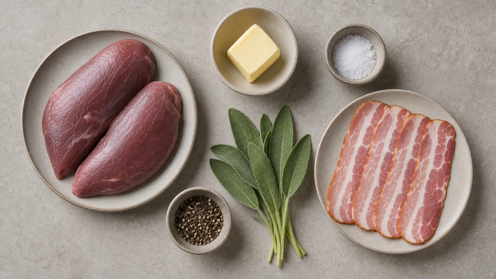 Zutaten für Keto Fasanenbrust: Fasanenbrust, Speckscheiben, Salbei, Butter, Salz und Pfeffer