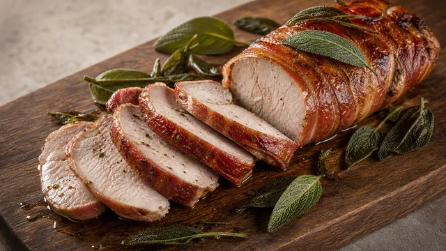 Keto Fasanenbrust im knusprigen Speckmantel mit Salbei aufgeschnitten angerichtet