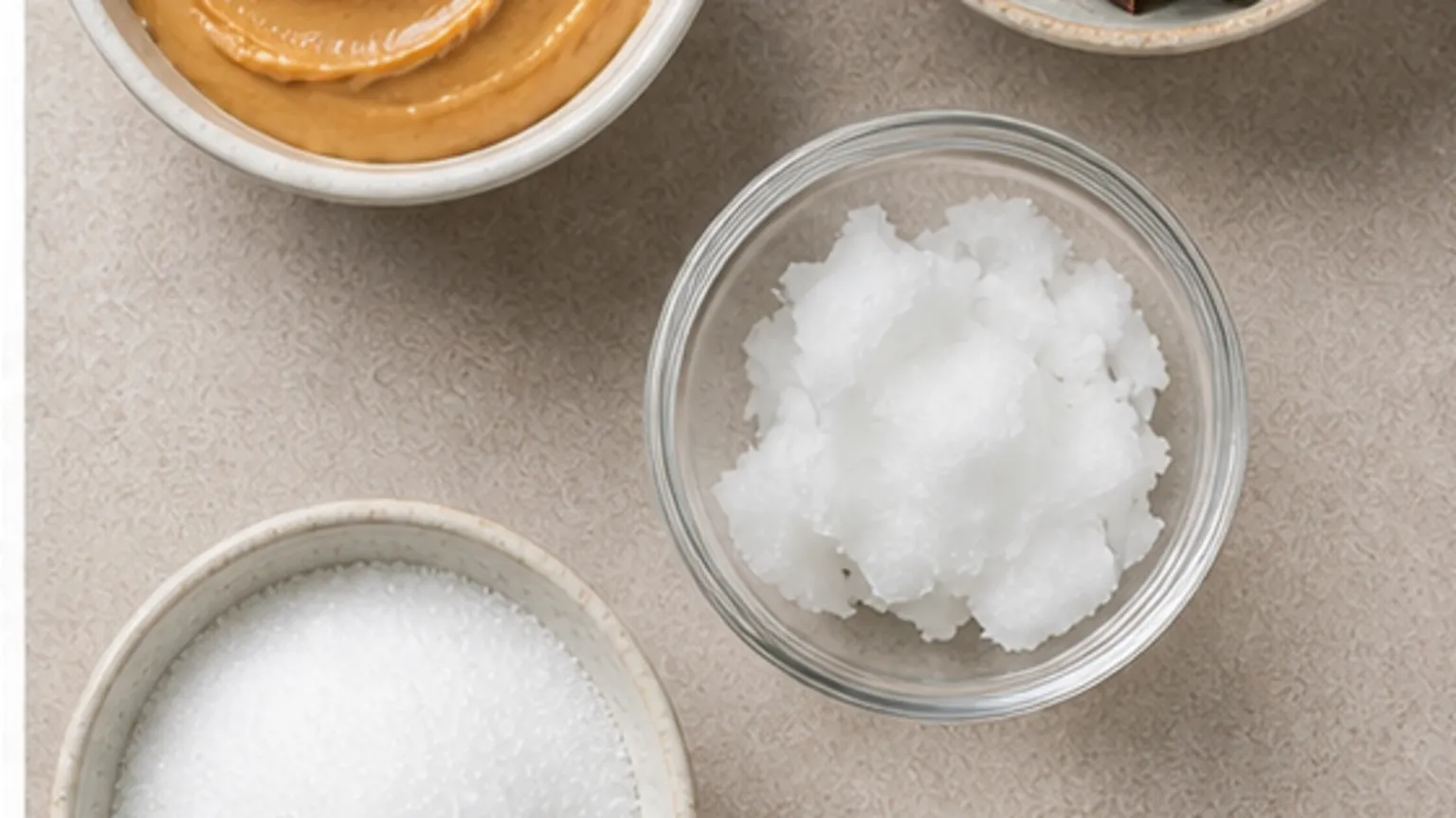 Zutaten für Keto-Fat-Bomb mit Erdnussbutter und Schokolade – 12 Stück zum Vorrat: natürliche Erdnussbutter, Kokosöl, Mandelmehl, Erythrit, Vanilleextrakt