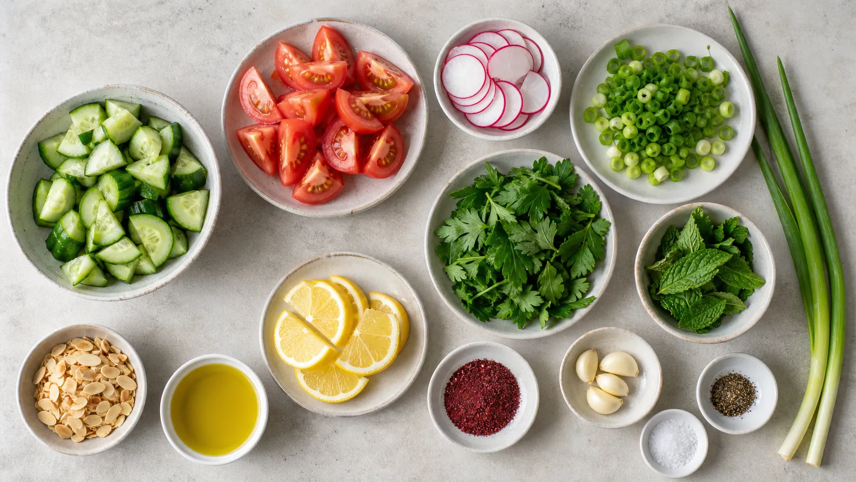 Zutaten für Keto-Fattoush: Gurke, Tomaten, Radieschen, Frühlingszwiebeln, Petersilie, Minze, Sumach und Mandelblättchen