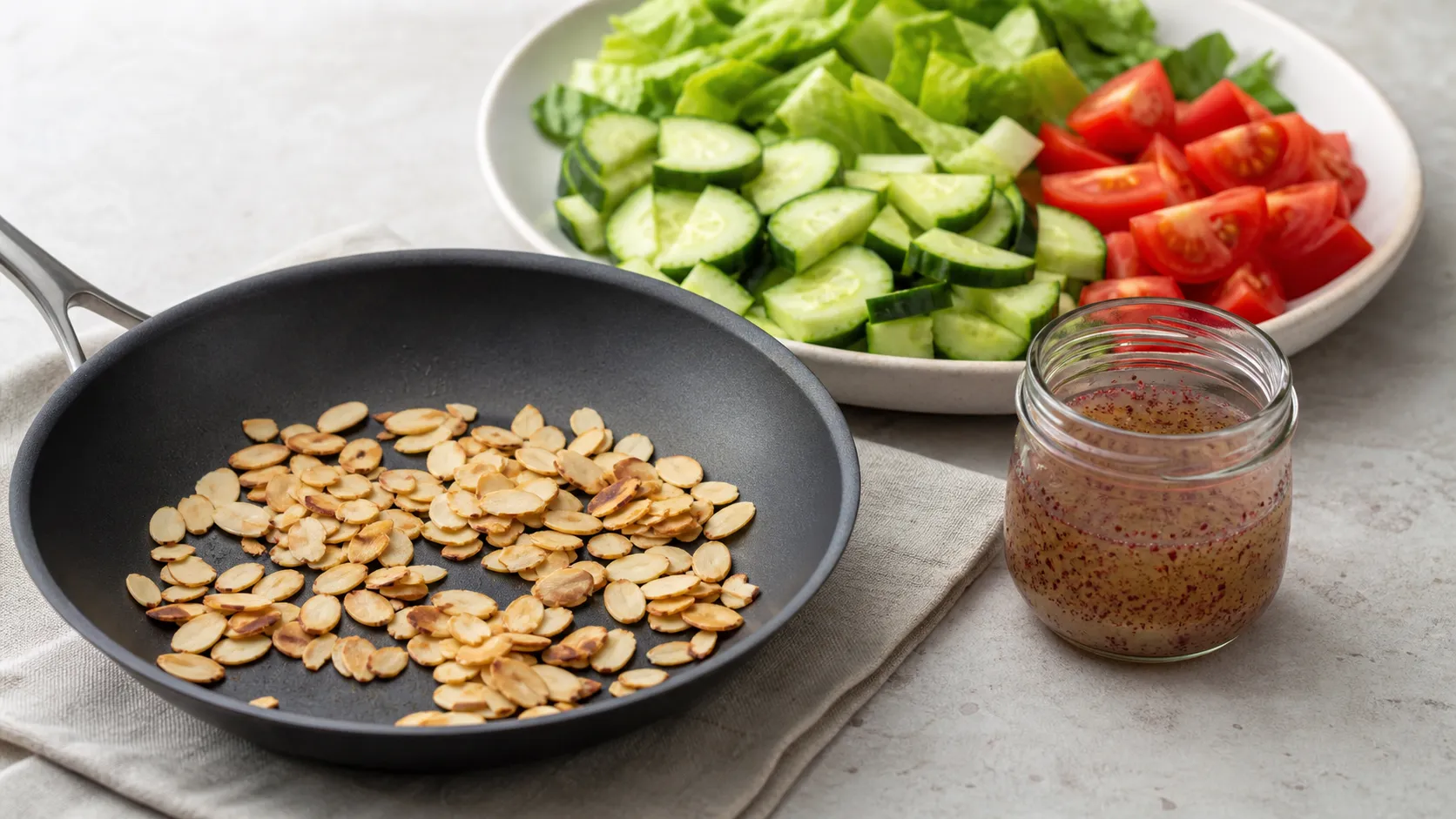 Mandelblättchen rösten in der Pfanne, daneben geschnittenes Gemüse und das Sumach-Dressing im Glas