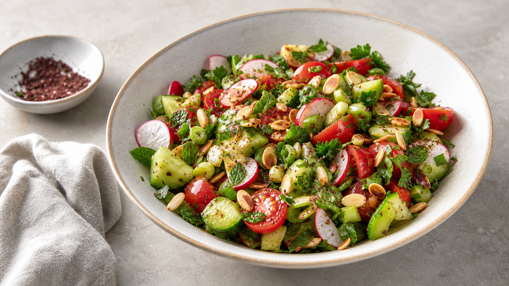 Schale mit Keto-Fattoush aus Gurke, Tomate, Radieschen, Minze und gerösteten Mandelblättchen