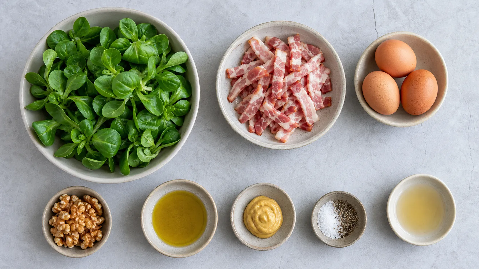 Zutaten für Keto-Feldsalat mit Feldsalat, Speck, Eiern, Walnüssen, Olivenöl und Senf