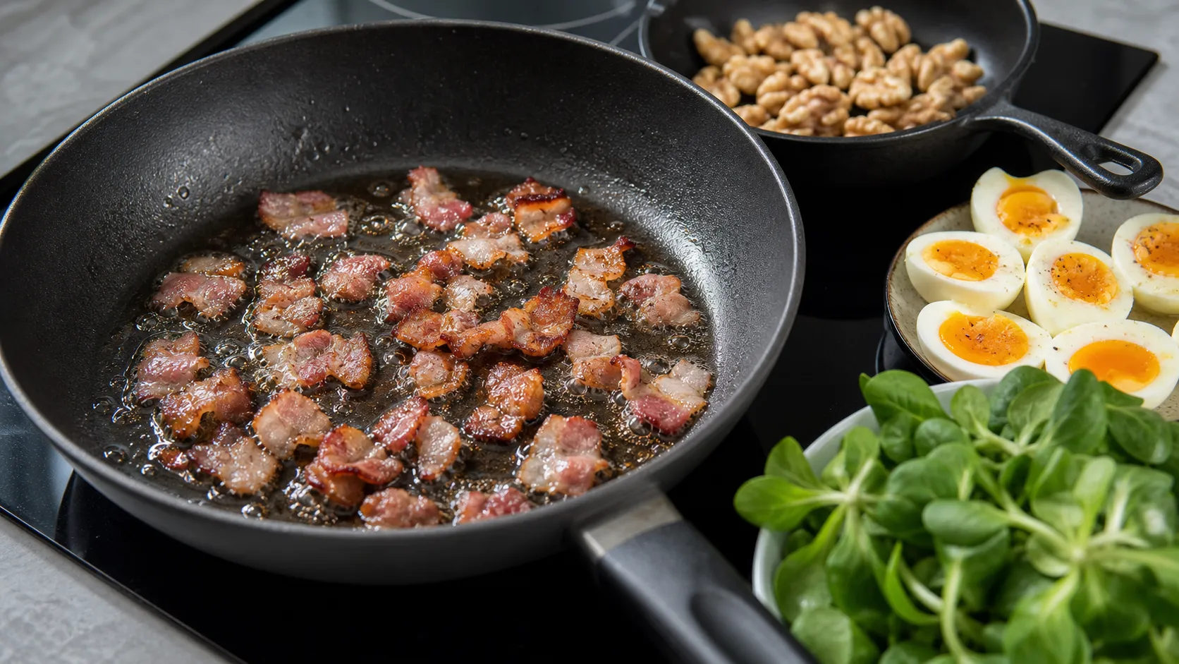 Knuspriger Speck brät in der Pfanne, daneben geröstete Walnüsse und wachsweiche Eier