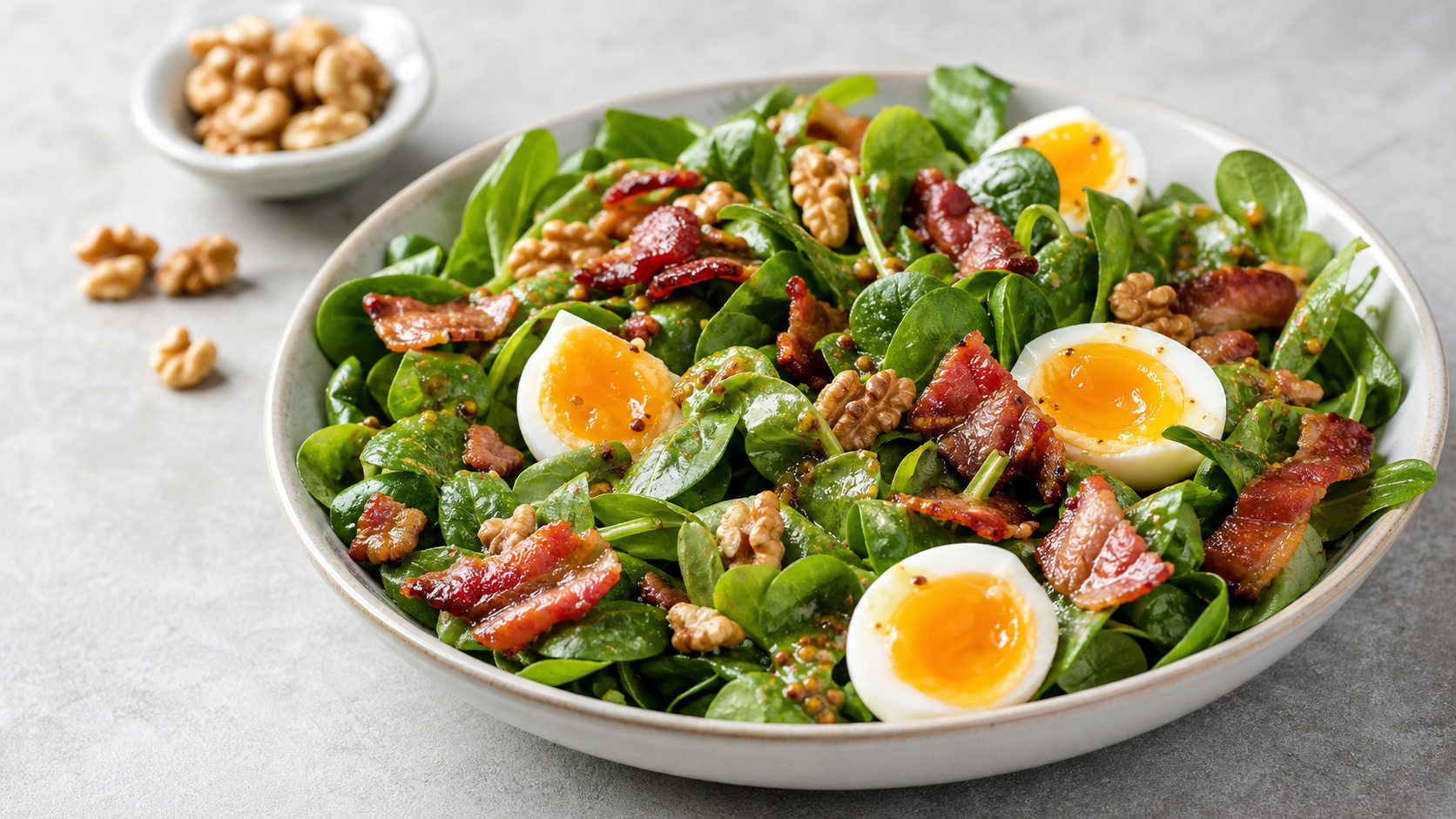 Keto-Feldsalat mit knusprigem Speck, halbierten Eiern, Walnüssen und Senf-Vinaigrette in einer Schüssel