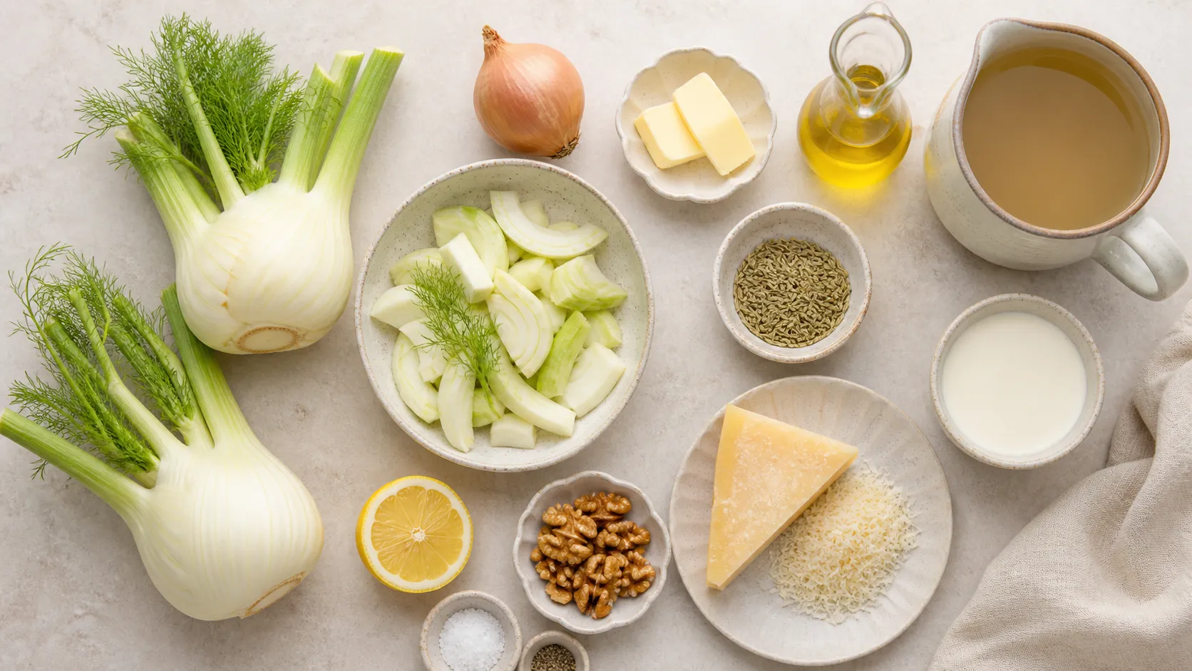 Zutaten für Keto-Fenchel-Cremesuppe: Fenchelknollen, Zwiebel, Butter, Sahne, Parmesan und Walnusskerne