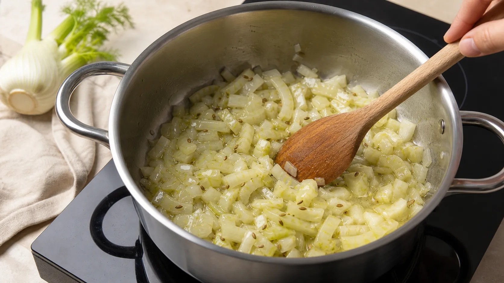 Fenchelstücke schmoren mit Butter und Fenchelsamen im Topf, daneben der Pürierstab