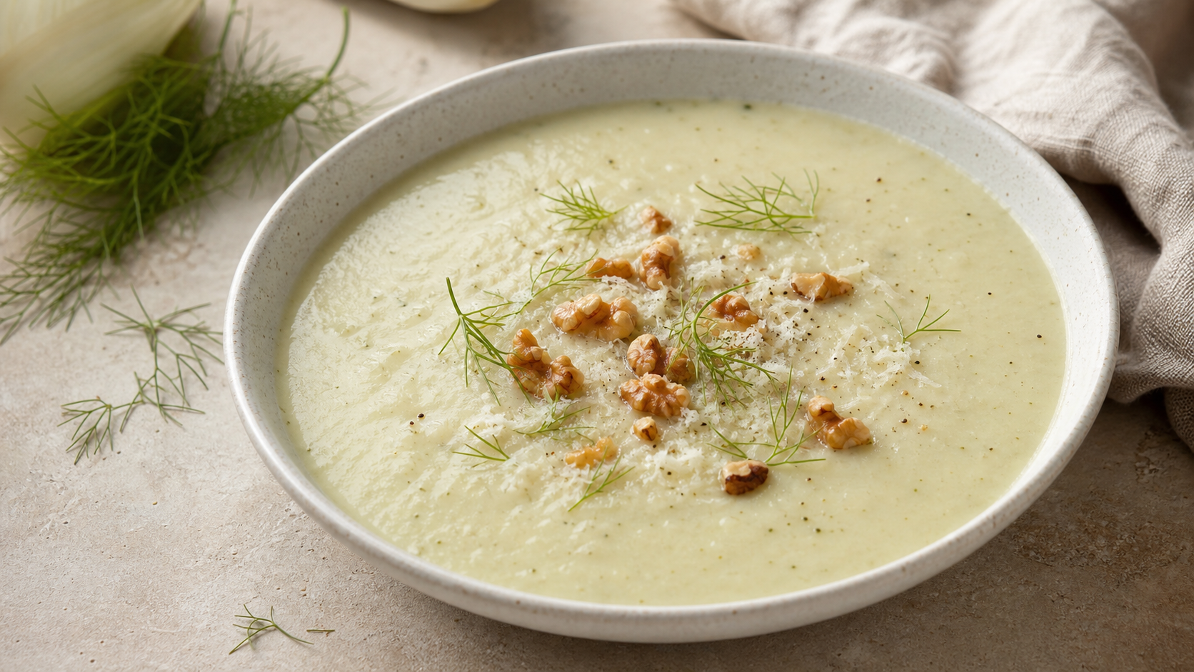 Keto-Fenchel-Cremesuppe in einem tiefen Teller mit gerösteten Walnüssen, Parmesan und Fenchelgrün