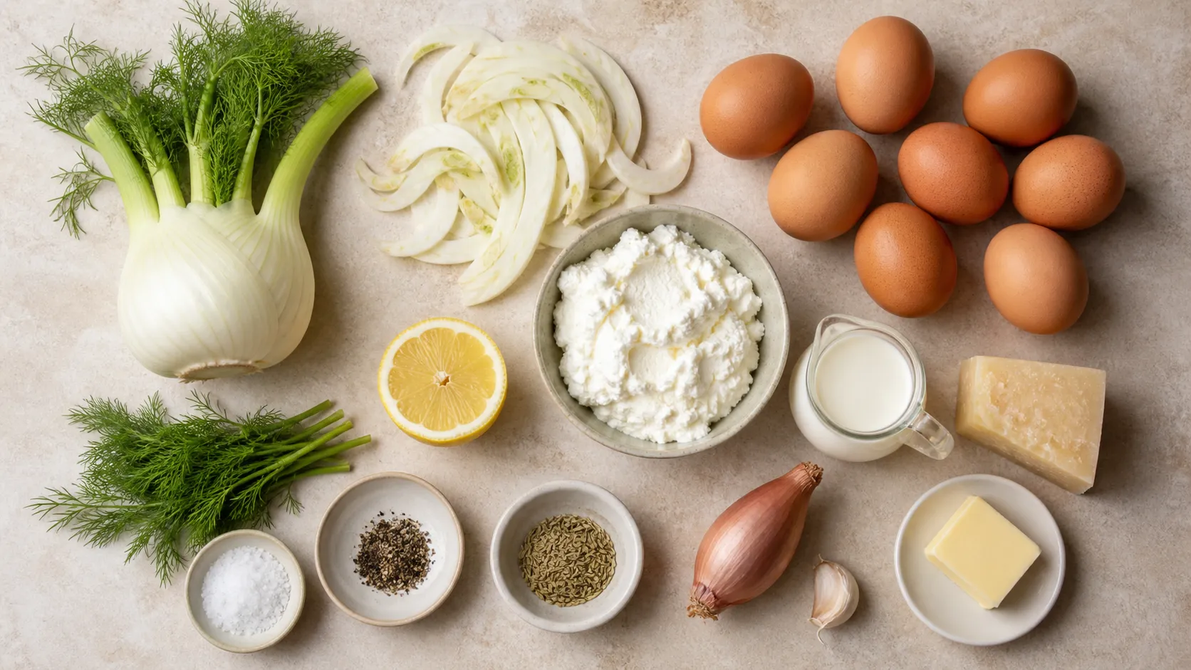 Zutaten: eine Fenchelknolle mit Grün, Eier, Ricotta, Parmesan, Butter, Schalotte, Dill und Zitrone