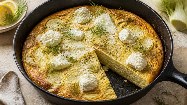 Angeschnittene goldgelbe Frittata mit Fenchelstreifen, Ricottanocken und frischem Dill in einer gusseisernen Pfanne