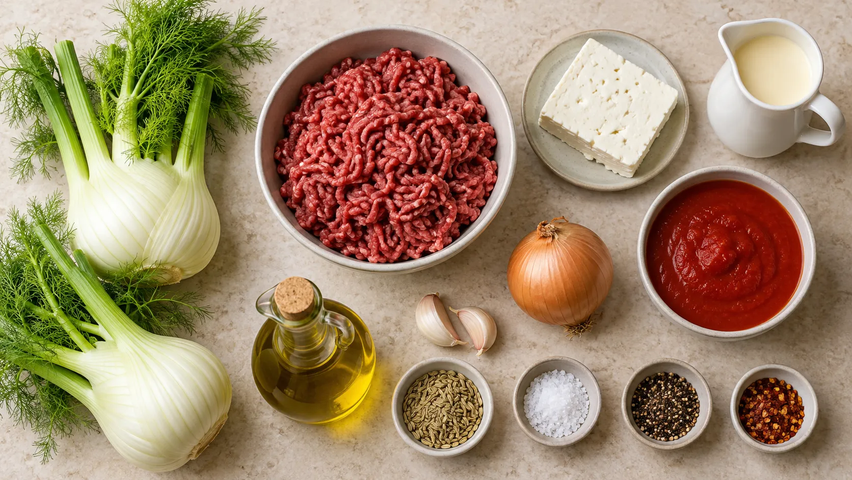 Zutaten für den Auflauf: zwei Fenchelknollen, Rinderhackfleisch, Feta-Käse, Sahne, passierte Tomaten und Fenchelsamen