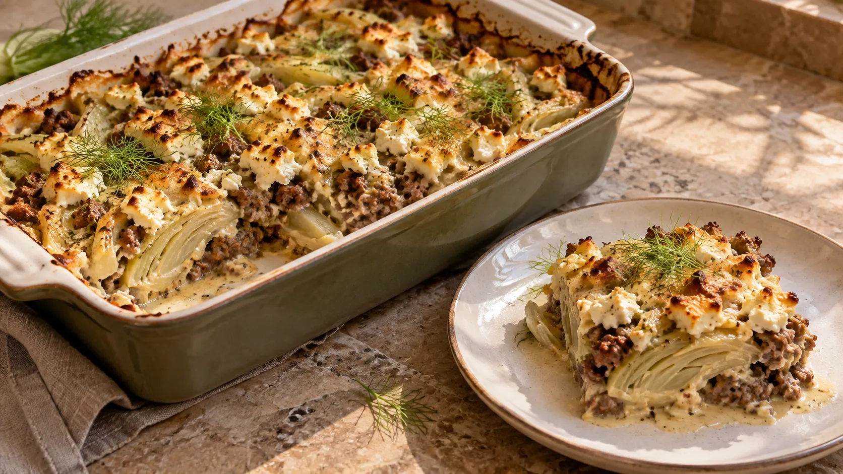 Goldbraun überbackener Auflauf mit Fenchelspalten, Hackfleisch und zerbröseltem Feta-Käse in einer Auflaufform