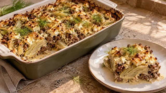 Goldbraun überbackener Auflauf mit Fenchelspalten, Hackfleisch und zerbröseltem Feta-Käse in einer Auflaufform