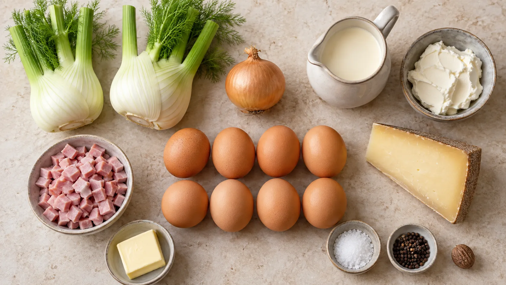Zutaten für den Keto-Frühstücksauflauf: zwei Fenchelknollen, Kochschinken, acht Eier, Sahne, Frischkäse, ein Stück Bergkäse, Zwiebel und Butter