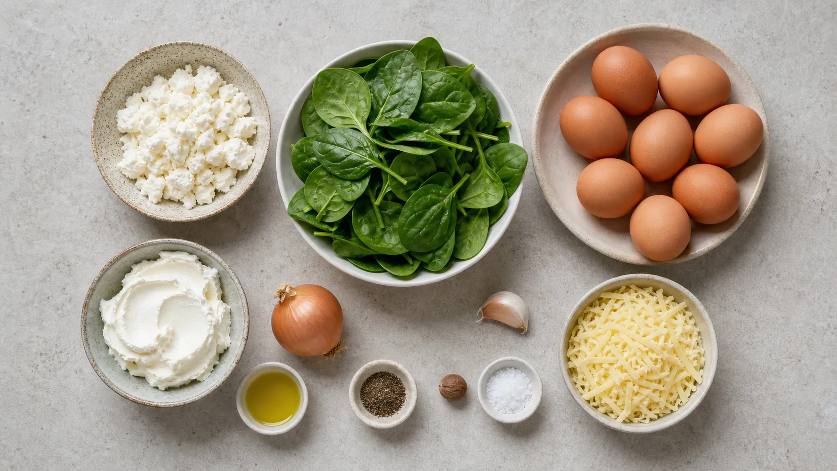 Zutaten für Keto-Frühstücksmuffins: Eier, Feta-Käse, Blattspinat, Frischkäse und Zwiebel