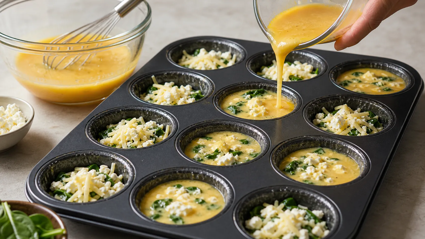 Eiermasse mit Spinat und Feta-Käse in einer Muffinform vor dem Backen