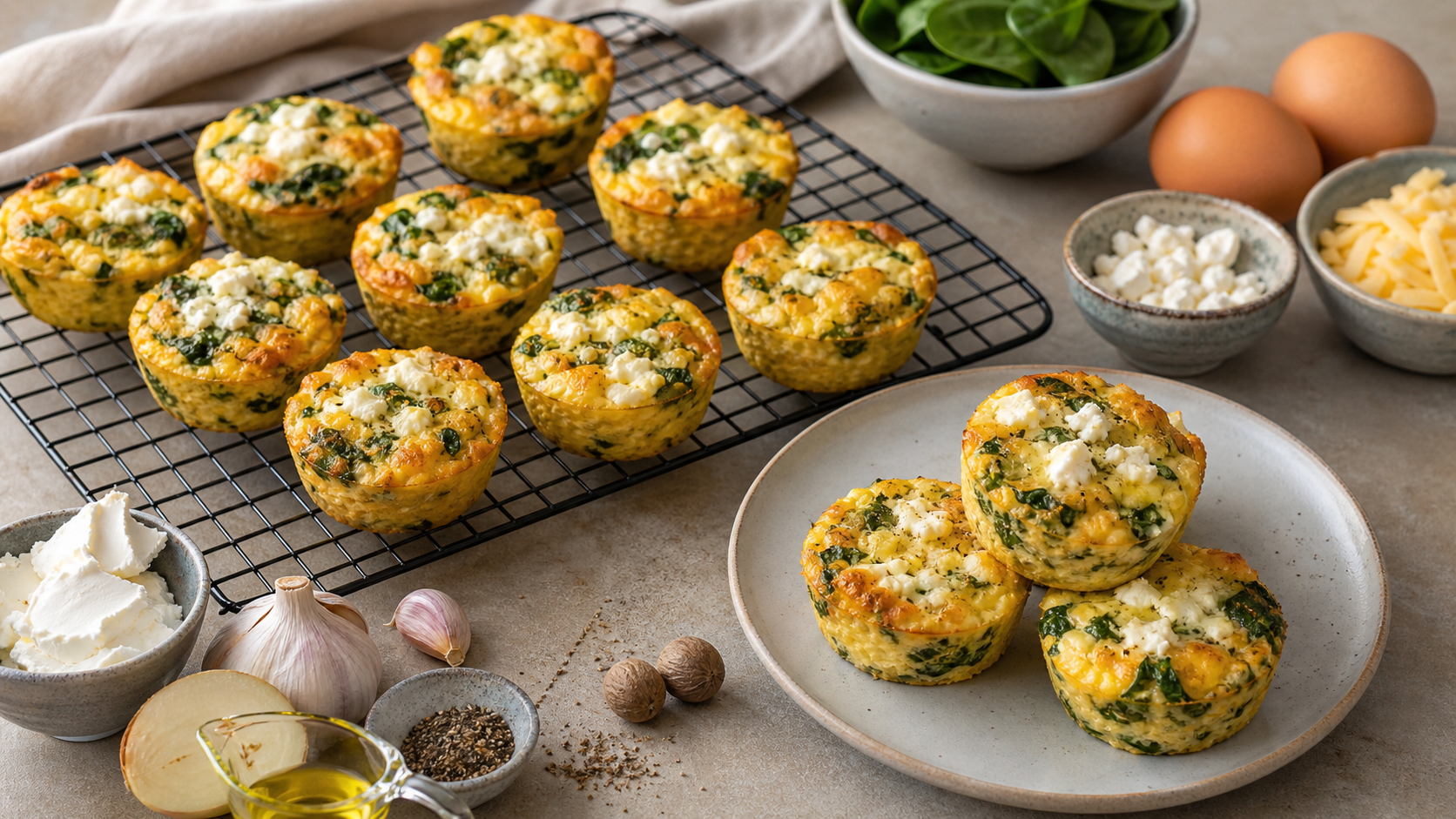 Herzhafte Keto-Frühstücksmuffins mit Feta-Käse und Spinat auf einem Kuchengitter
